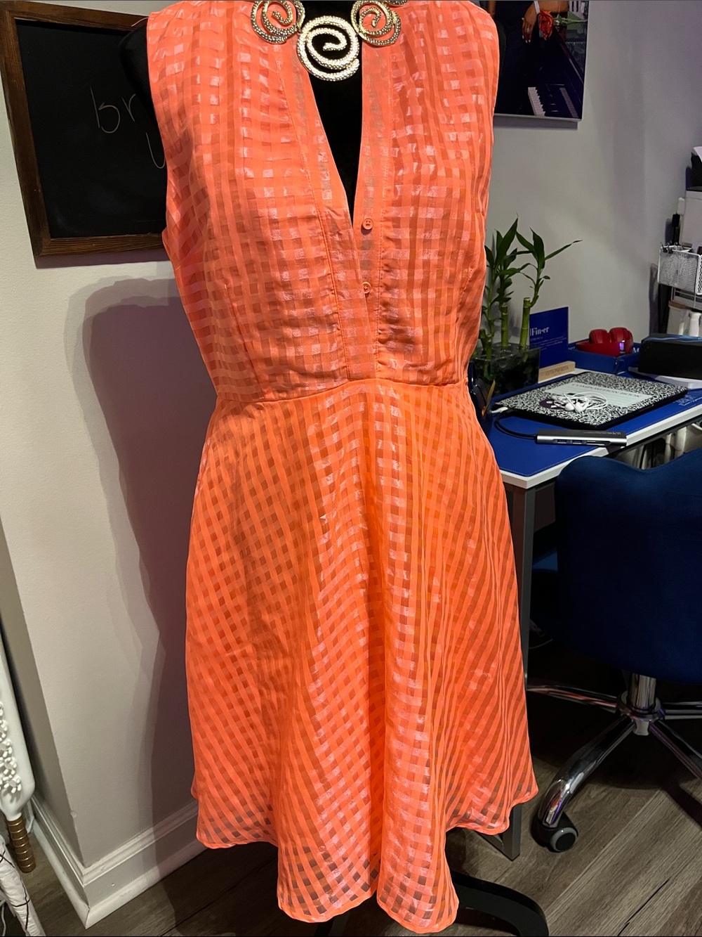 Versona Orange Check Sleeveless Fit-and-Flare Dress